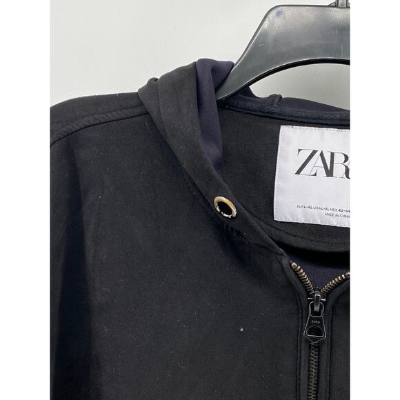 ZARA Men's Black Faux-Suede Pullover Half-Zip Long Sleeve Hooded Sweater SZ L-XL - Picture 4 of 12